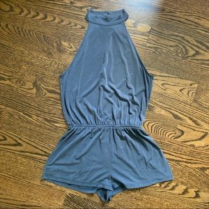 blue/gray high neck romper with open back